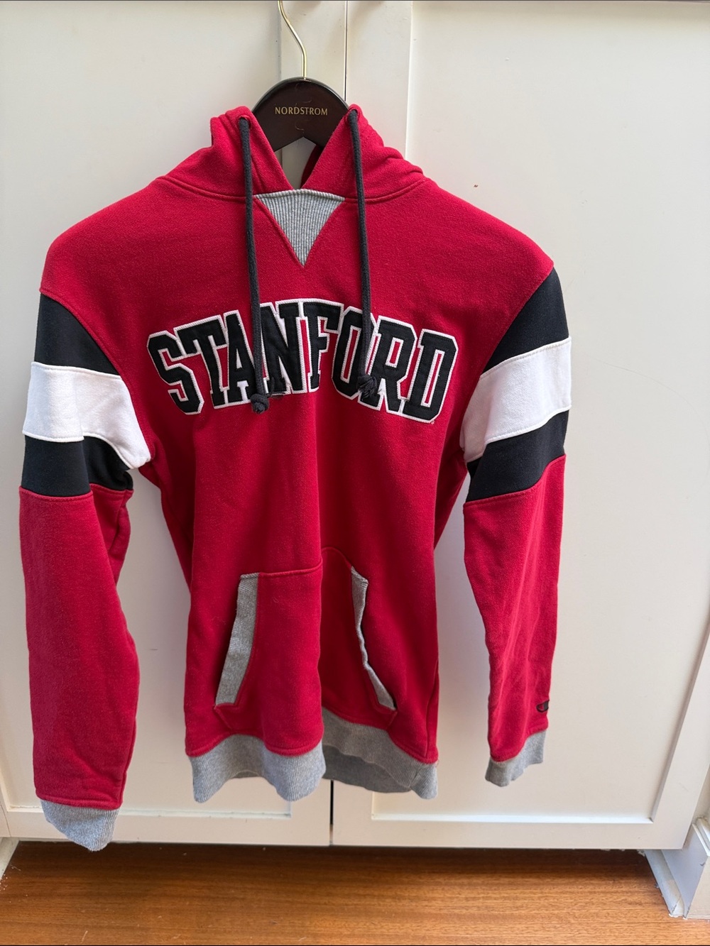 Champion Stanford Red Pullover Hoodie with Black & White Sleeve Stripes